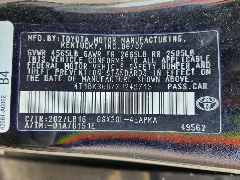 Aukcja sprzedaży 2007 Toyota Avalon, vin: 4T1BK36B77U249715, numer aukcji: 50080986