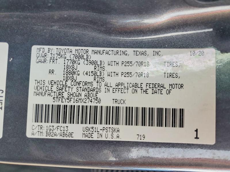 Продаж на аукціоні авто 2021 Toyota Tundra, vin: 5TFEY5F16MX274750, номер лоту: 50997166