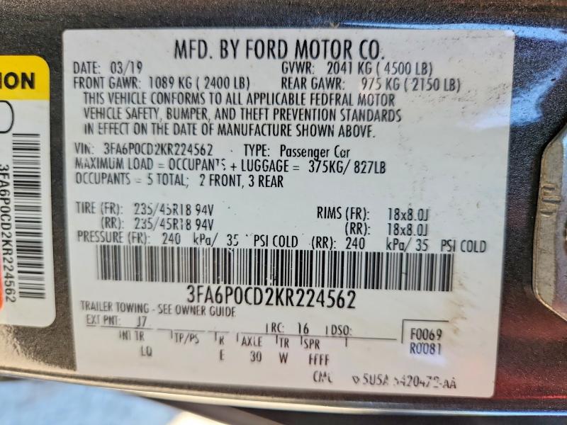 Продаж на аукціоні авто 2019 Ford Fusion, vin: 3FA6P0CD2KR224562, номер лоту: 49284566