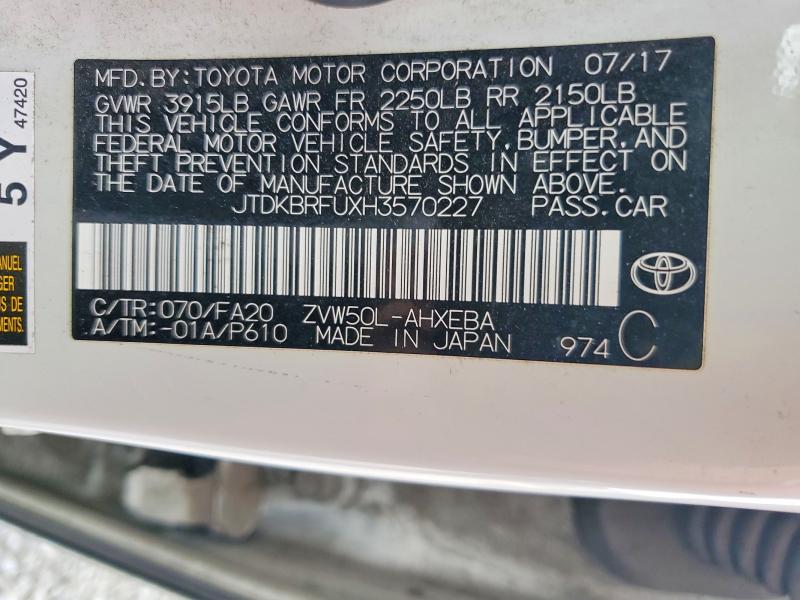 51638556 :رقم المزاد ، JTDKBRFUXH3570227 vin ، 2017 Toyota Prius مزاد بيع