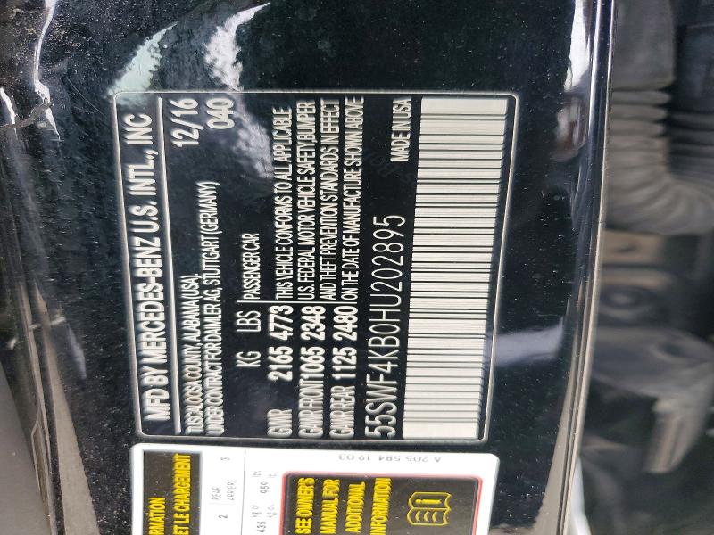 51275476 :رقم المزاد ، 55SWF4KB0HU202895 vin ، 2017 Mercedes-benz C مزاد بيع