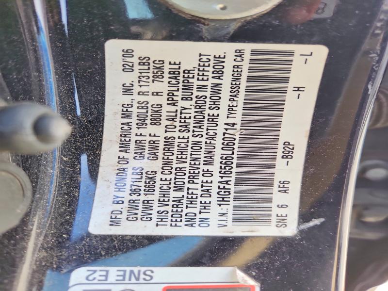 51707666 :رقم المزاد ، 1HGFA16566L060714 vin ، 2006 Honda Civic مزاد بيع