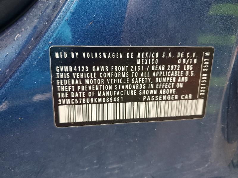 2019 Volkswagen Jetta მანქანა იყიდება აუქციონზე, vin: 3VWC57BU9KM089491, აუქციონის ნომერი: 50244446