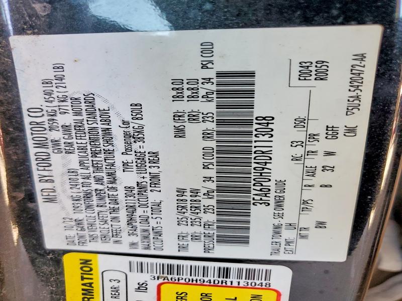 50460376 :رقم المزاد ، 3FA6P0H94DR113048 vin ، 2013 Ford Fusion مزاد بيع