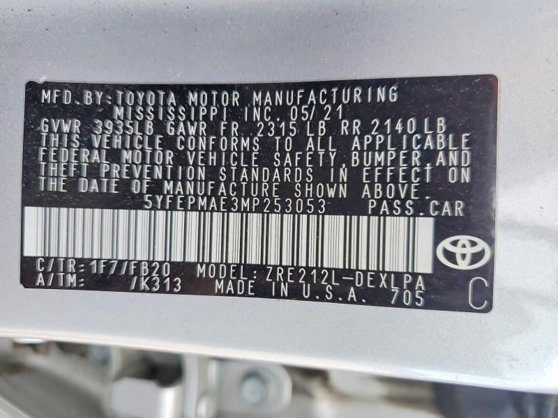 Aukcja sprzedaży 2021 Toyota Corolla, vin: 5YFEPMAE3MP253053, numer aukcji: 50829026