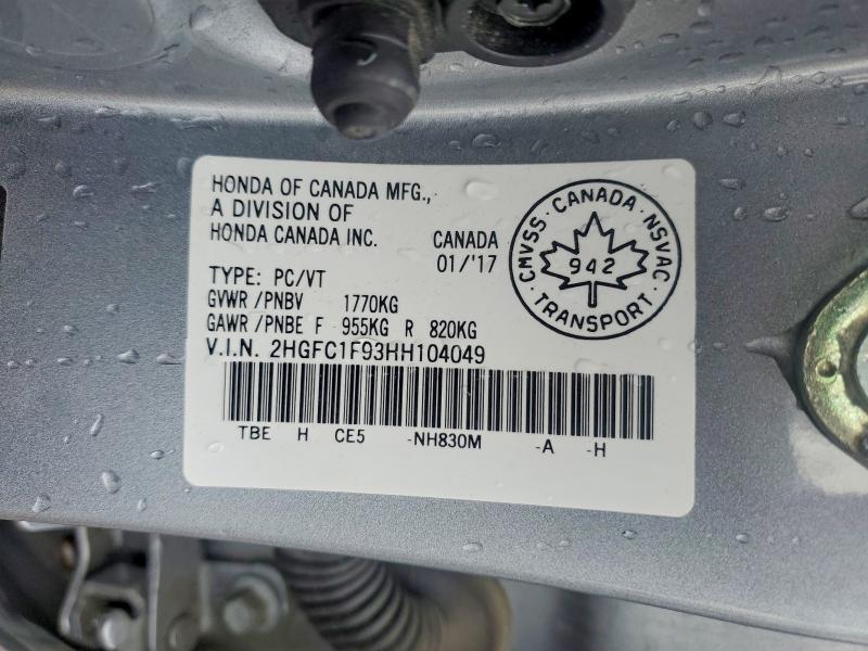49632736 :رقم المزاد ، 2HGFC1F93HH104049 vin ، 2017 Honda Civic مزاد بيع