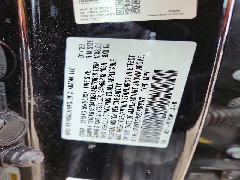 49973176 :رقم المزاد ، 5FNYF5H58LB020372 vin ، 2020 Honda Pilot مزاد بيع