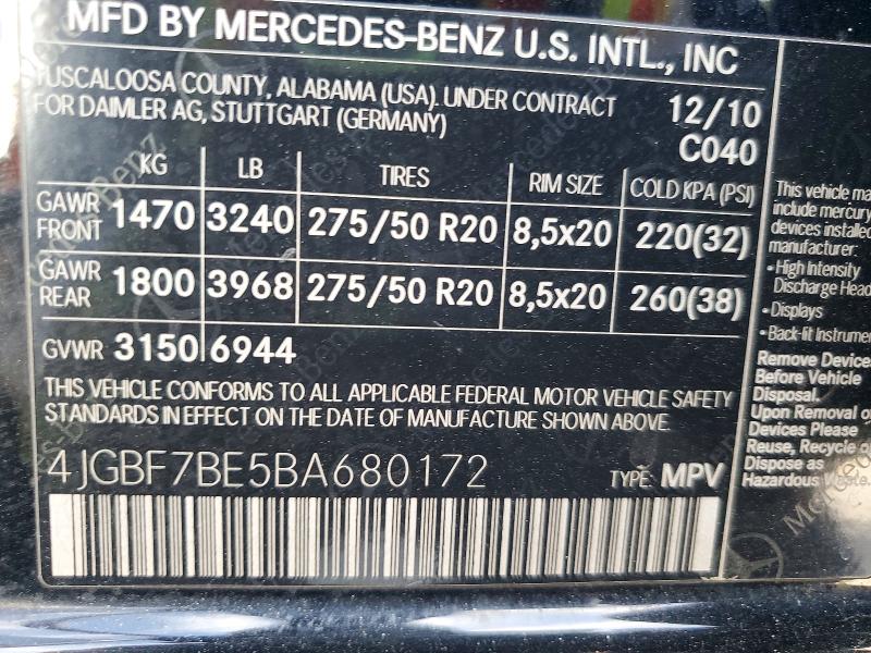51668546 :رقم المزاد ، 4JGBF7BE5BA680172 vin ، 2011 Mercedes-benz Gl مزاد بيع