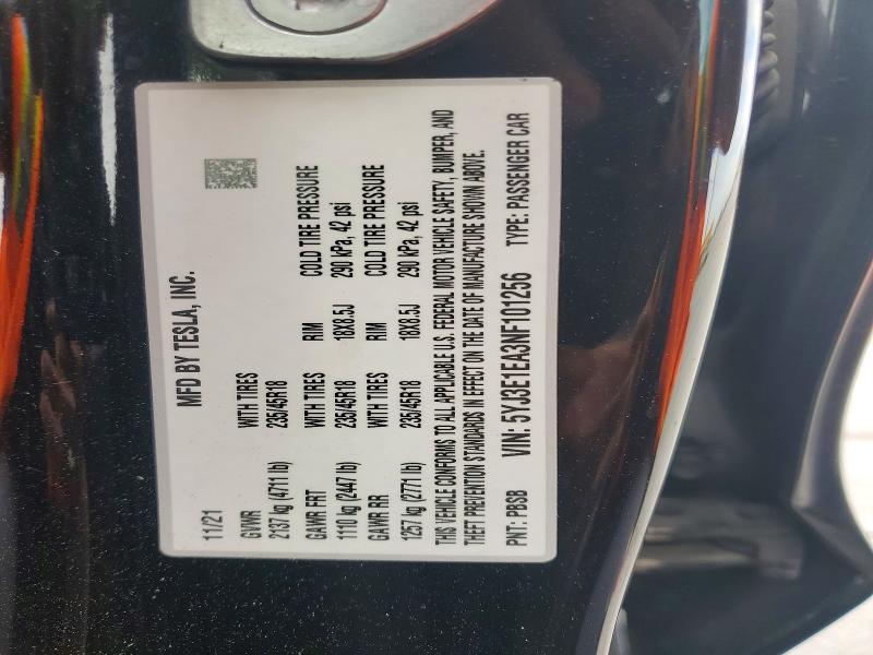 48252946 :رقم المزاد ، 5YJ3E1EA3NF101256 vin ، 2022 Tesla Model 3 مزاد بيع