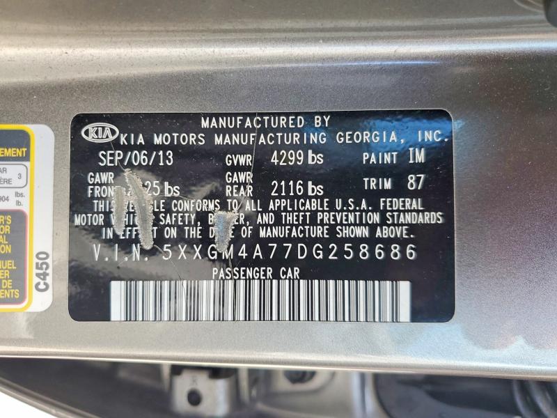2013 Kia Optima მანქანა იყიდება აუქციონზე, vin: 5XXGM4A77DG258686, აუქციონის ნომერი: 50089366
