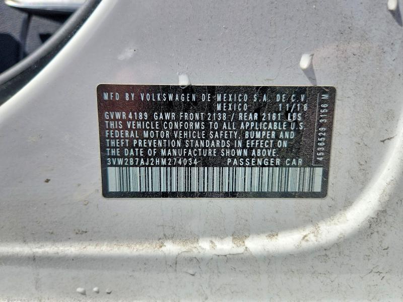 Продаж на аукціоні авто 2017 Volkswagen Jetta, vin: 3VW2B7AJ2HM274034, номер лоту: 49071366