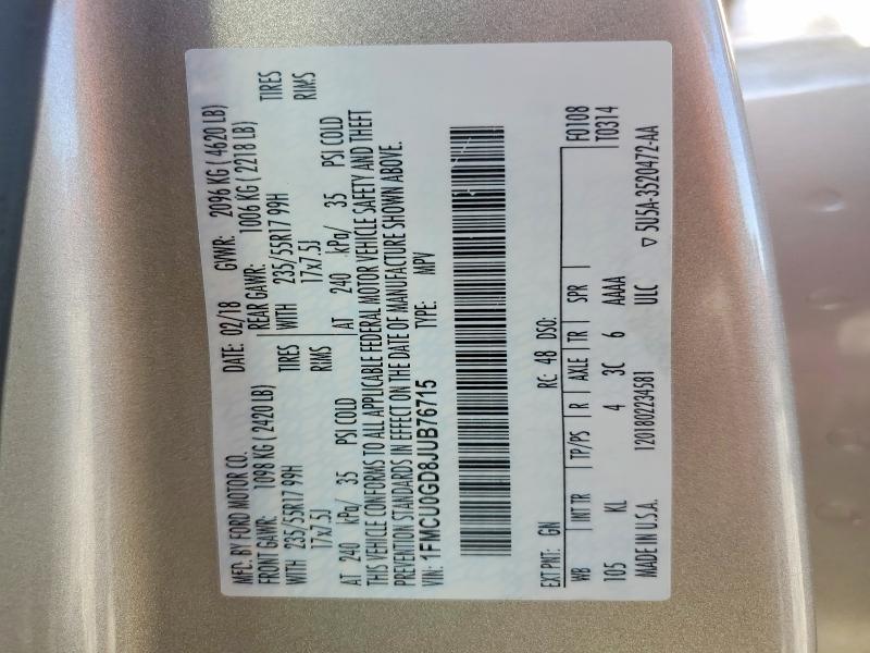 2018 Ford Escape მანქანა იყიდება აუქციონზე, vin: 1FMCU0GD8JUB76715, აუქციონის ნომერი: 50058066
