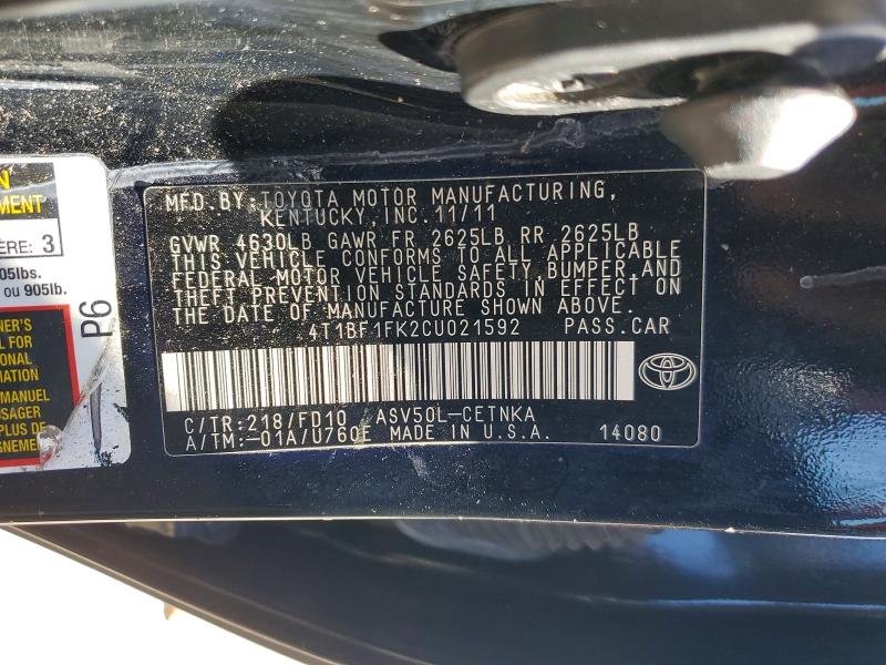 Aukcja sprzedaży 2012 Toyota Camry, vin: 4T1BF1FK2CU021592, numer aukcji: 50337856