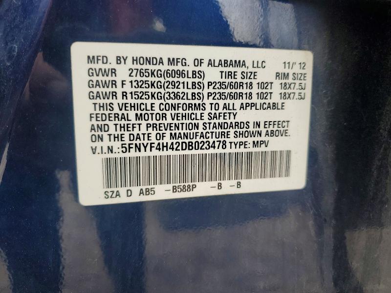 51661356 :رقم المزاد ، 5FNYF4H42DB023478 vin ، 2013 Honda Pilot مزاد بيع