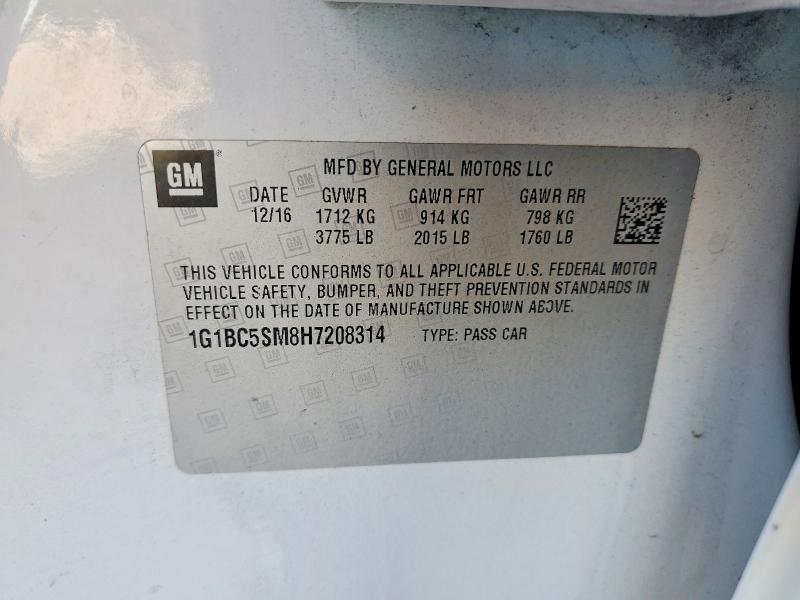 47580446 :رقم المزاد ، 1G1BC5SM8H7208314 vin ، 2017 Chevrolet Cruze مزاد بيع