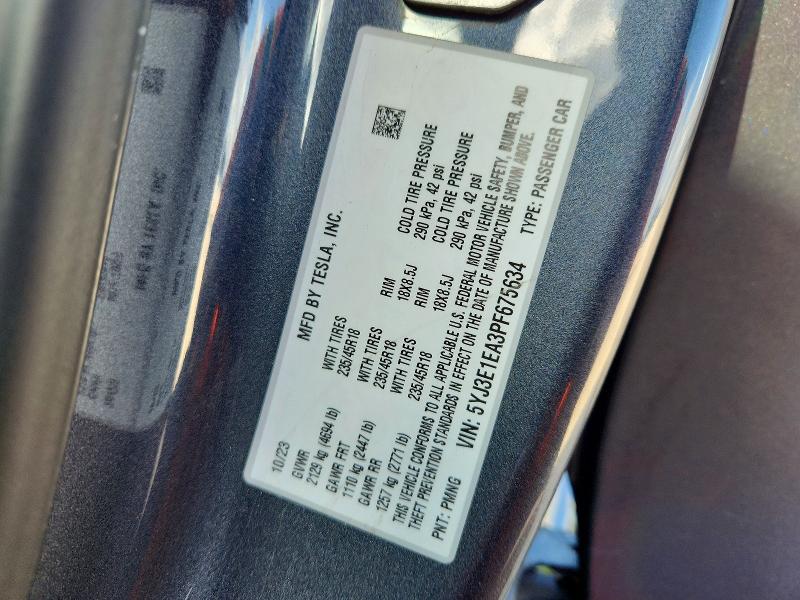 Aukcja sprzedaży 2023 Tesla Model 3, vin: 5YJ3E1EA3PF675634, numer aukcji: 50941326