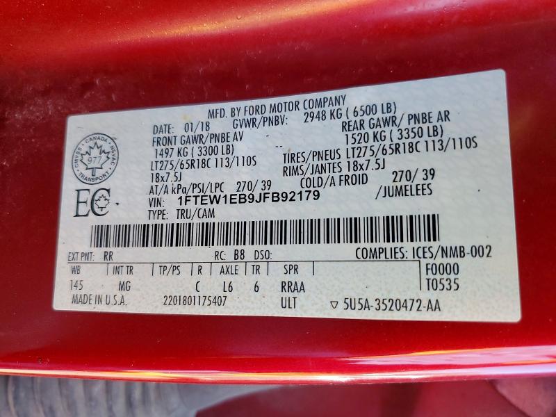 49906296 :رقم المزاد ، 1FTEW1EB9JFB92179 vin ، 2018 Ford F150 مزاد بيع