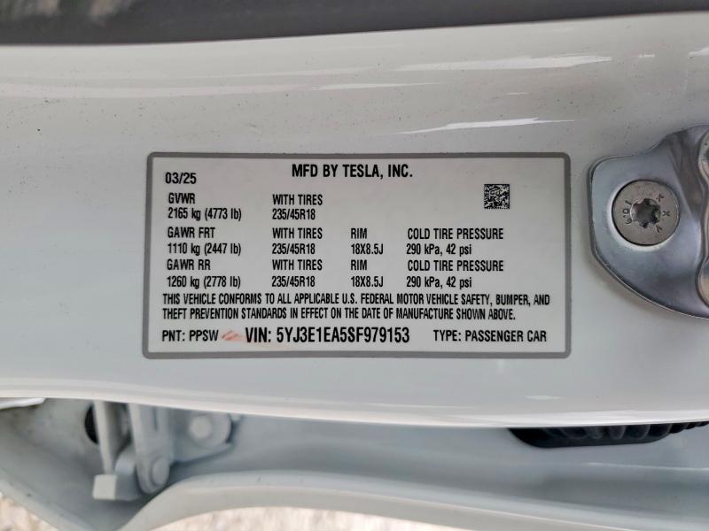 51115156 :رقم المزاد ، 5YJ3E1EA5SF979153 vin ، 2025 Tesla Model 3 مزاد بيع