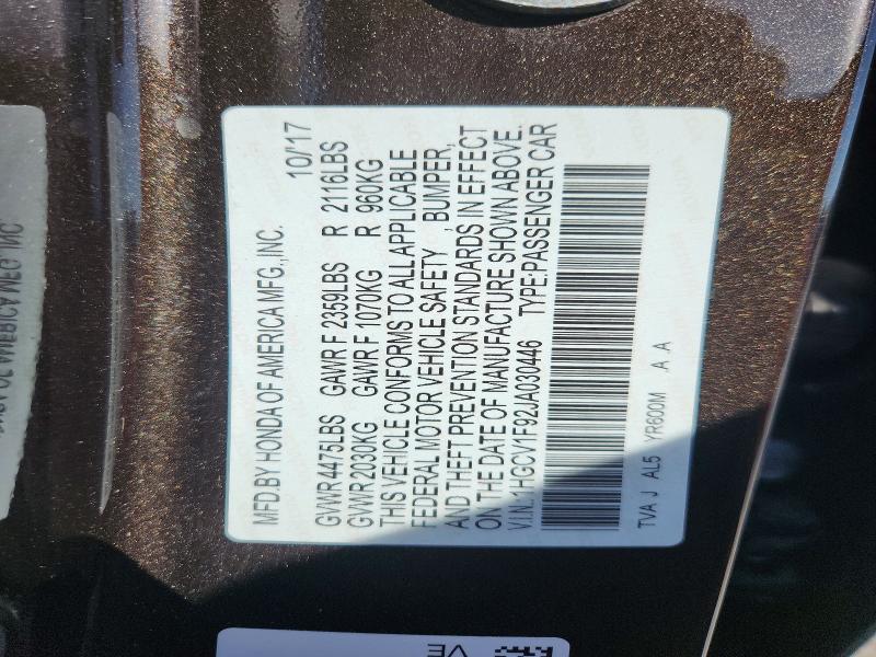 2018 Honda Accord მანქანა იყიდება აუქციონზე, vin: 1HGCV1F92JA030446, აუქციონის ნომერი: 50844686