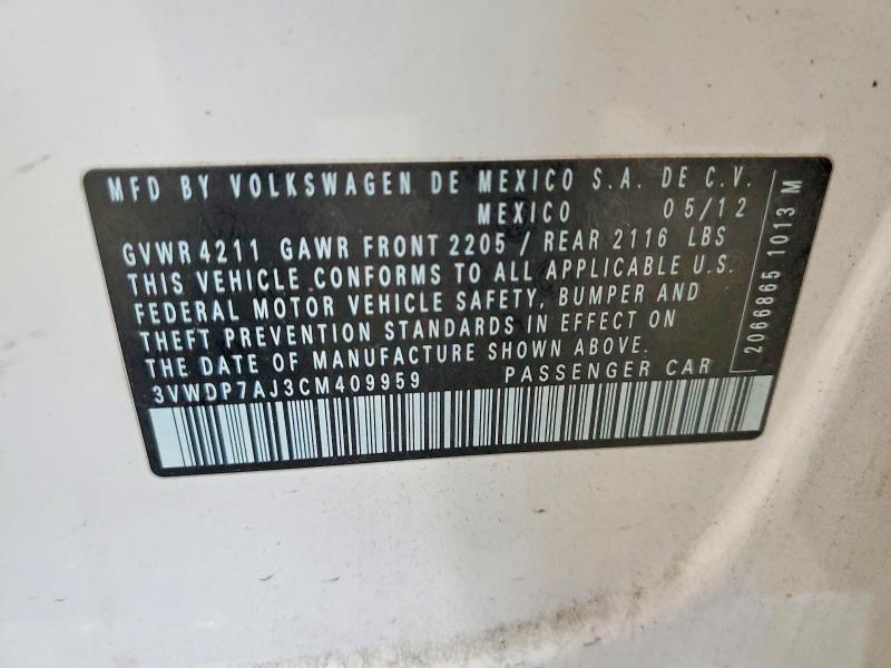 2012 Volkswagen Jetta მანქანა იყიდება აუქციონზე, vin: 3VWDP7AJ3CM409959, აუქციონის ნომერი: 51509296