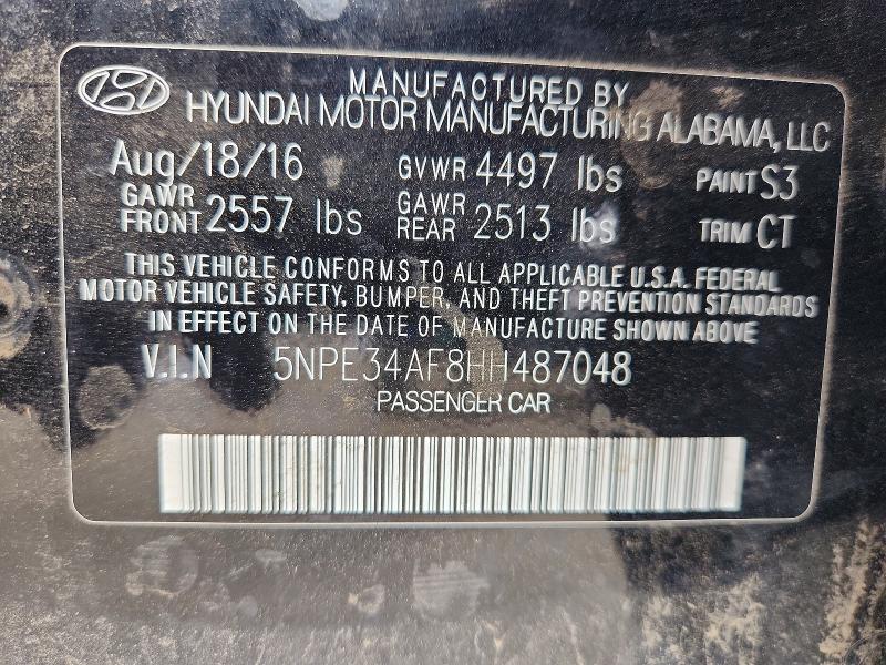 Auction sale of the 2017 Hyundai Sonata, vin: 5NPE34AF8HH487048, lot number: 50078756