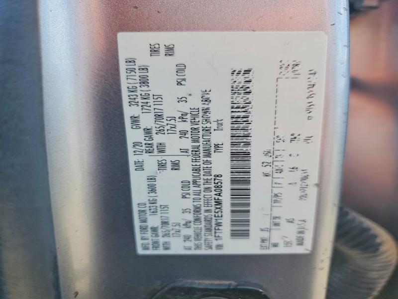 2021 Ford F150 მანქანა იყიდება აუქციონზე, vin: 1FTFW1E5XMFA08578, აუქციონის ნომერი: 51166366
