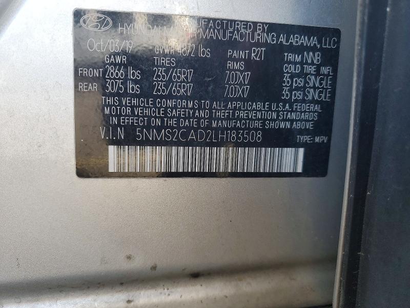2020 Hyundai Santa Fe მანქანა იყიდება აუქციონზე, vin: 5NMS2CAD2LH183508, აუქციონის ნომერი: 49043336