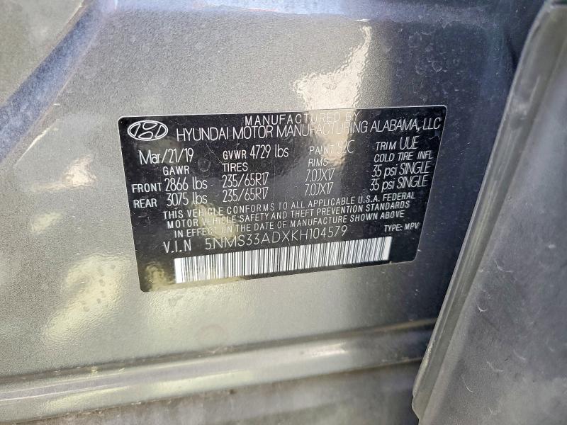 2019 Hyundai Santa Fe მანქანა იყიდება აუქციონზე, vin: 5NMS33ADXKH104579, აუქციონის ნომერი: 50571016