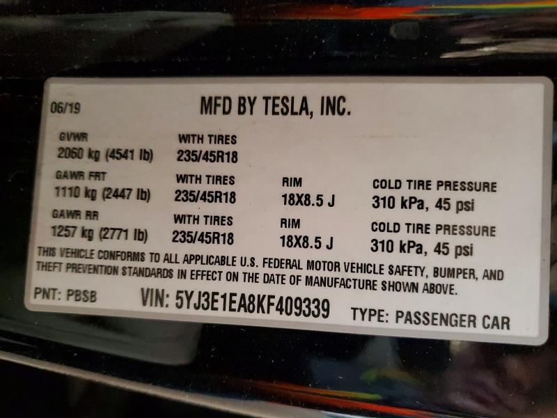 51351486 :رقم المزاد ، 5YJ3E1EA8KF409339 vin ، 2019 Tesla Model 3 مزاد بيع