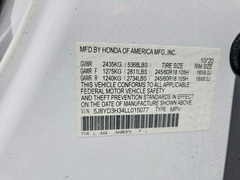 51134836 :رقم المزاد ، 5J8YD3H34LL015077 vin ، 2020 Acura Mdx مزاد بيع