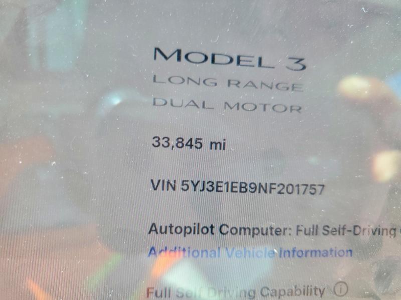 49460446 :رقم المزاد ، 5YJ3E1EB9NF201757 vin ، 2022 Tesla Model 3 مزاد بيع