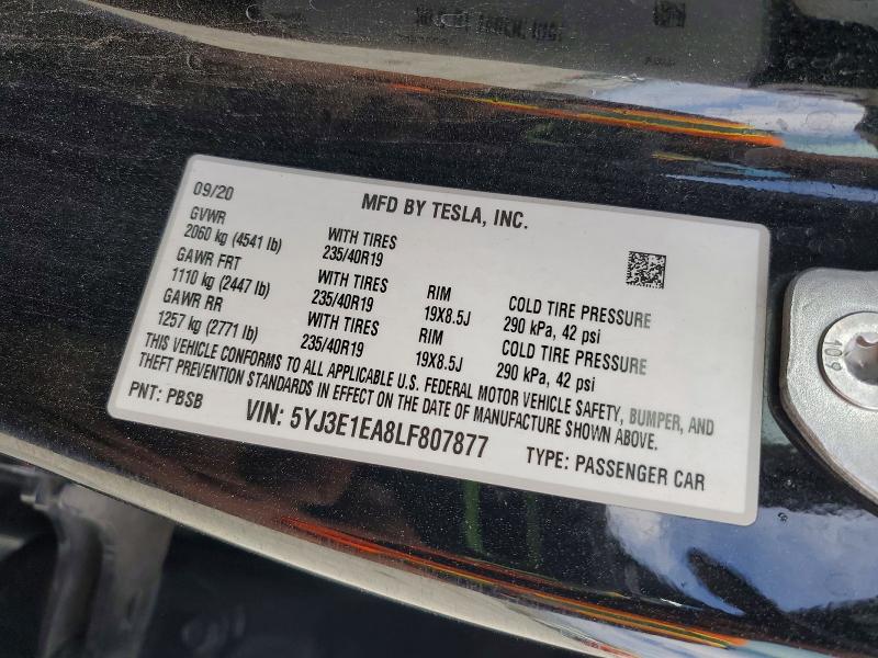 Aukcja sprzedaży 2020 Tesla Model 3, vin: 5YJ3E1EA8LF807877, numer aukcji: 48787616