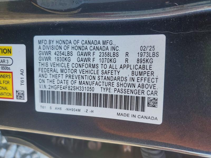 Продаж на аукціоні авто 2025 Honda Civic, vin: 2HGFE4F82SH331050, номер лоту: 49791266
