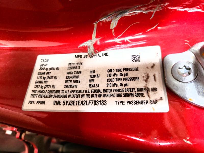 45517896 :رقم المزاد ، 5YJ3E1EA2LF793183 vin ، 2020 Tesla Model 3 مزاد بيع