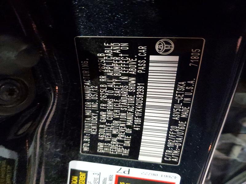 50991926 :رقم المزاد ، 4T1BF1FK4CU582991 vin ، 2012 Toyota Camry مزاد بيع
