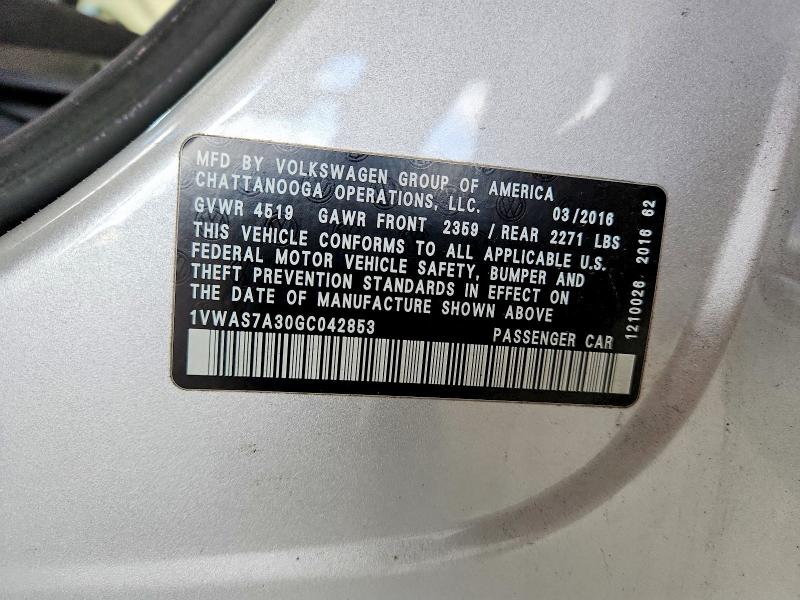 Продаж на аукціоні авто 2016 Volkswagen Passat, vin: 1VWAS7A30GC042853, номер лоту: 49577436