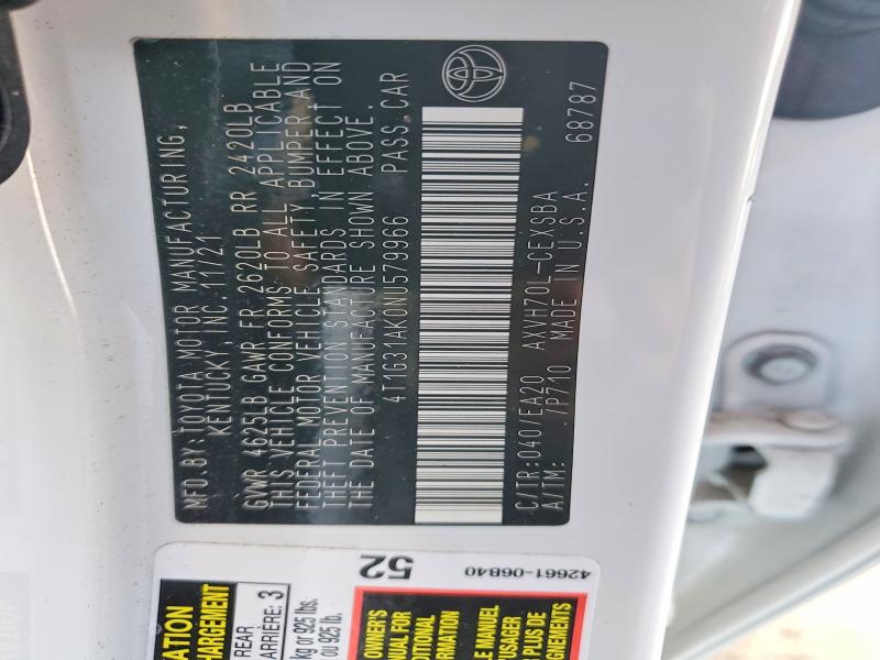 2022 Toyota Camry Hybrid მანქანა იყიდება აუქციონზე, vin: 4T1G31AK0NU579966, აუქციონის ნომერი: 47979726
