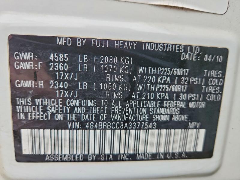 49834016 :رقم المزاد ، 4S4BRBCC8A3377543 vin ، 2010 Subaru Outback مزاد بيع