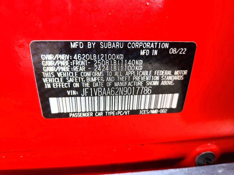 Aukcja sprzedaży 2022 Subaru Wrx, vin: JF1VBAA62N9017786, numer aukcji: 50531706