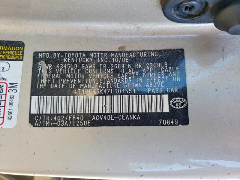2007 Toyota Camry მანქანა იყიდება აუქციონზე, vin: 4T1BE46K47U601551, აუქციონის ნომერი: 50443646