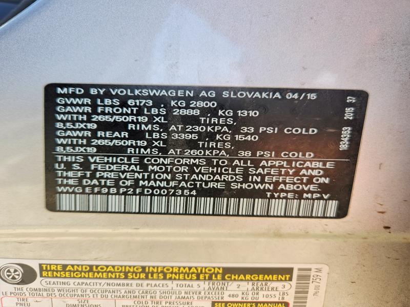 50368306 :رقم المزاد ، WVGEF9BP2FD007354 vin ، 2015 Volkswagen Touareg مزاد بيع