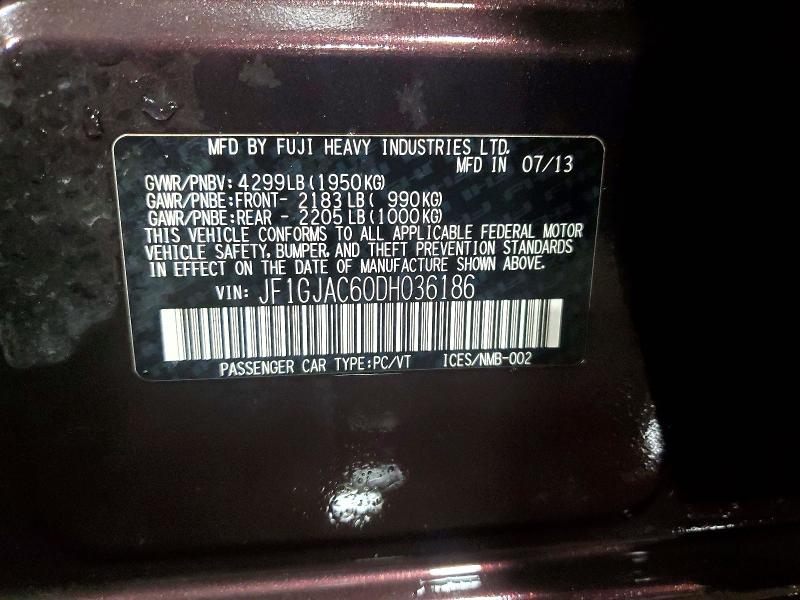 2013 Subaru Impreza მანქანა იყიდება აუქციონზე, vin: JF1GJAC60DH036186, აუქციონის ნომერი: 50564096