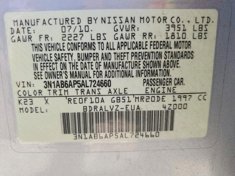 47023776 :رقم المزاد ، 3N1AB6AP5AL724660 vin ، 2010 Nissan Sentra مزاد بيع