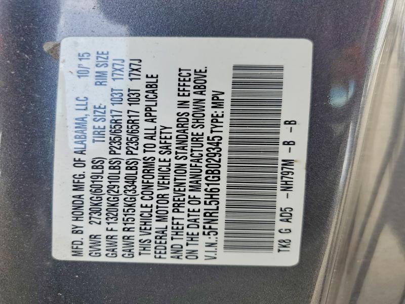 Aukcja sprzedaży 2016 Honda Odyssey, vin: 5FNRL5H61GB029345, numer aukcji: 50279856