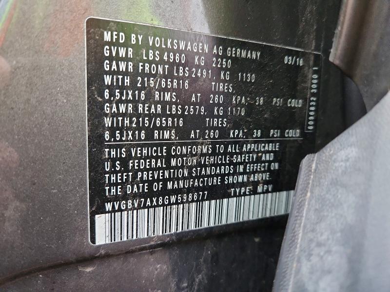 49175906 :رقم المزاد ، WVGBV7AX8GW598677 vin ، 2016 Volkswagen Tiguan مزاد بيع