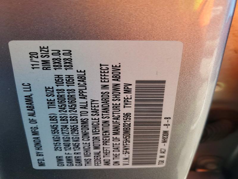2021 Honda Pilot მანქანა იყიდება აუქციონზე, vin: 5FNYF5H50MB021596, აუქციონის ნომერი: 51031956