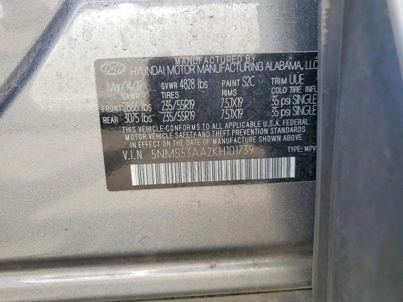 50060356 :رقم المزاد ، 5NMS53AA2KH101739 vin ، 2019 Hyundai Santa Fe مزاد بيع