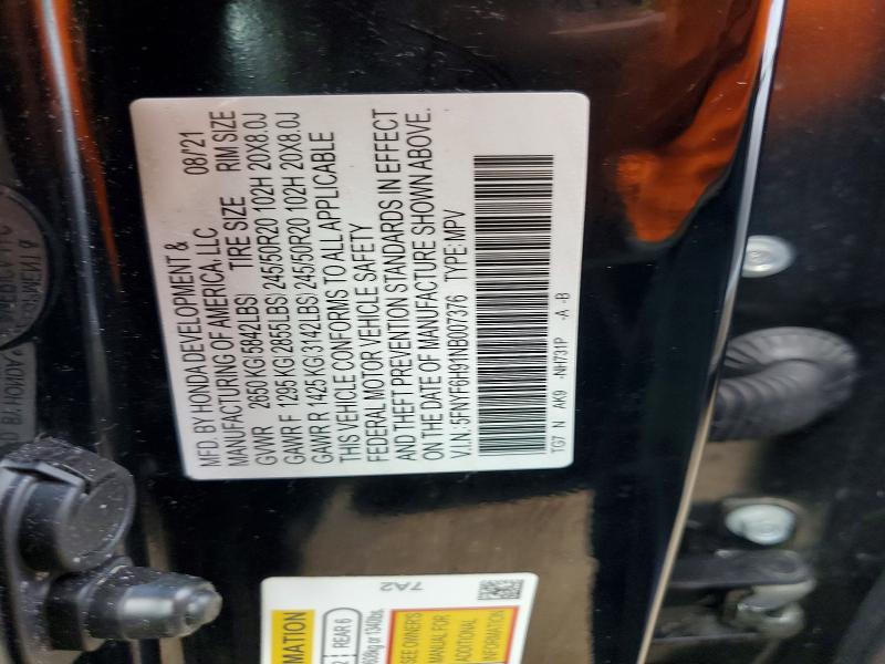 Aukcja sprzedaży 2022 Honda Pilot, vin: 5FNYF6H91NB007376, numer aukcji: 50979996