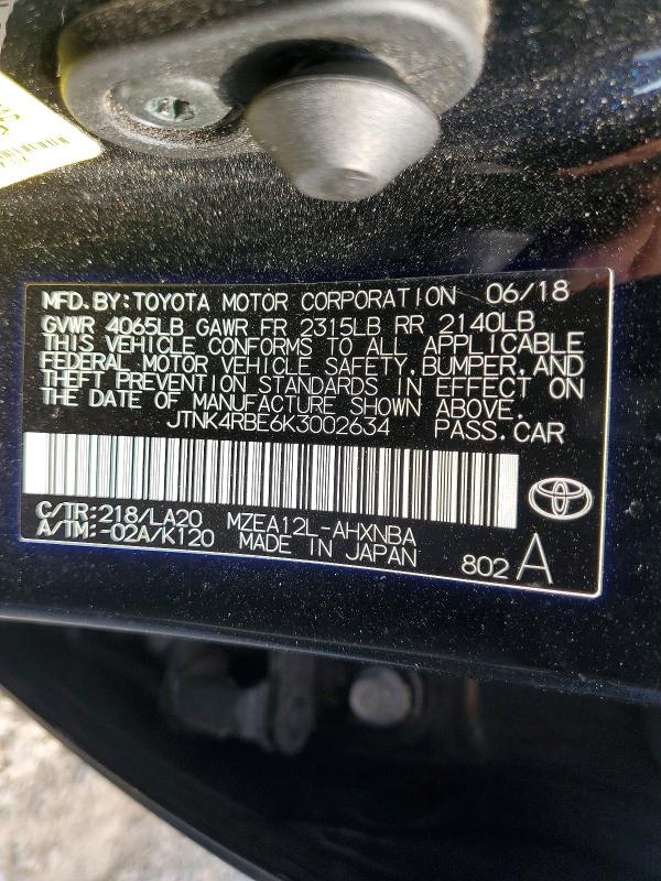 51070326 :رقم المزاد ، JTNK4RBE6K3002634 vin ، 2019 Toyota Corolla Hatchback مزاد بيع