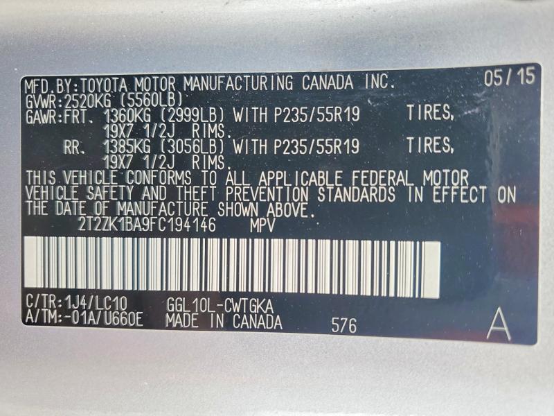 2015 Lexus Rx მანქანა იყიდება აუქციონზე, vin: 2T2ZK1BA9FC194146, აუქციონის ნომერი: 49859146